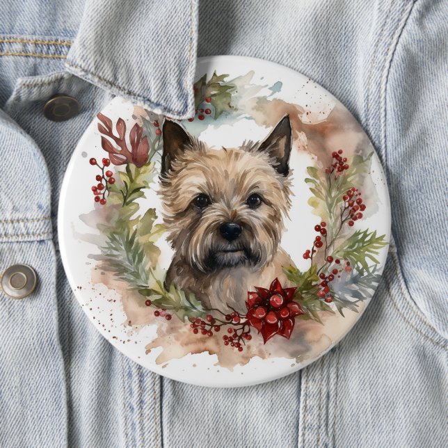 Cairn Terrier Christmas Wreath Festive Pup Button (In Situ)