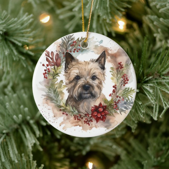 Cairn Terrier Christmas Wreath Festive Pup Ceramic Ornament (Tree)