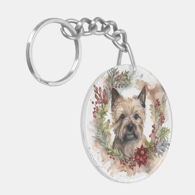 Cairn Terrier Christmas Wreath Festive Pup Keychain (Front Left)