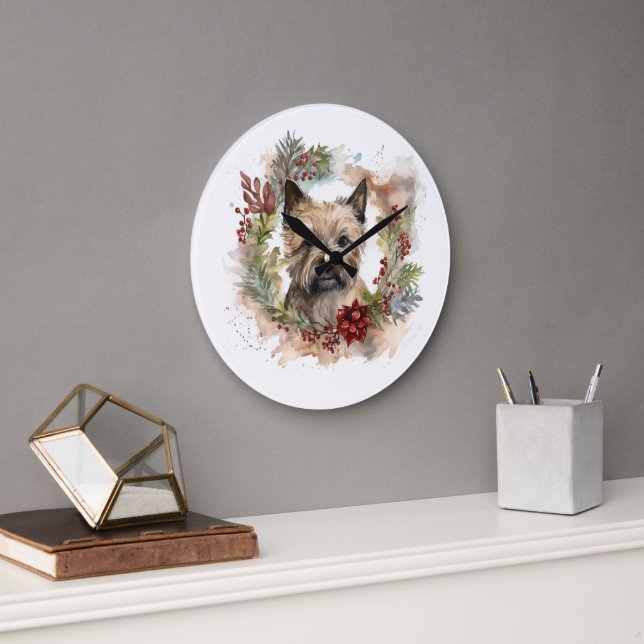 Cairn Terrier Christmas Wreath Festive Pup Large Clock (Office)