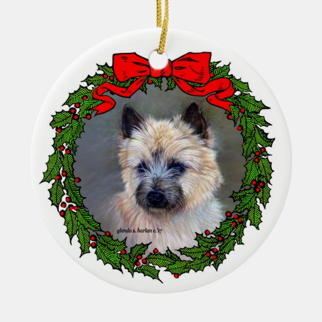 Cairn Terrier Dog Art by Glenda S. Harlan Ceramic Ornament (Front)