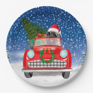 Cairn Terrier Dog Driving Car In Snow Christmas Paper Plates