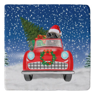 Cairn Terrier Dog Driving Car In Snow Christmas Trivet