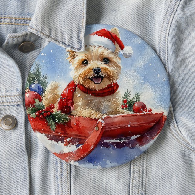Cairn Terrier Dog in Sledge Let it Snow Christmas Button (In Situ)