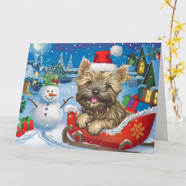 Cairn Terrier Dog in Sleigh Snow Christmas Card (Yellow Flower)