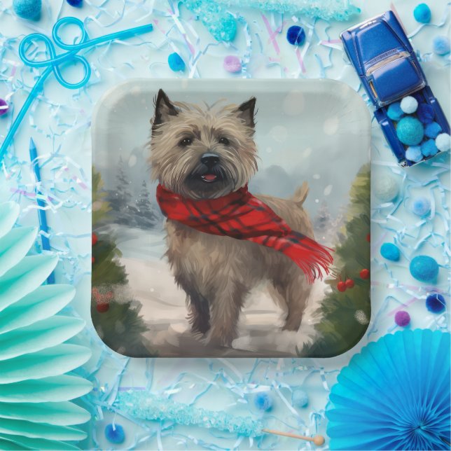 Cairn Terrier Dog in Snow Christmas Paper Plates (Party)