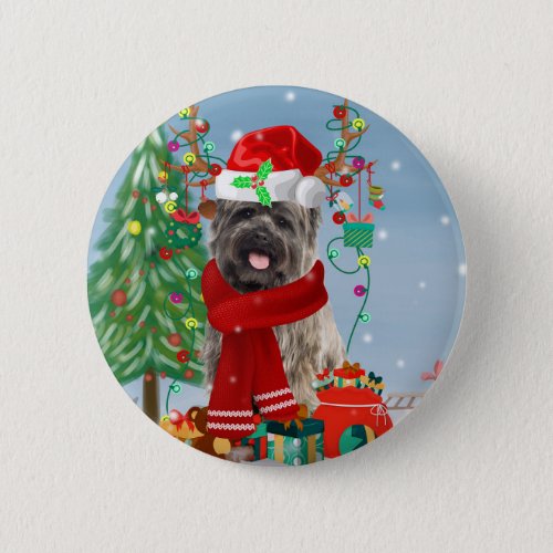 Cairn Terrier Dog in Snow with Christmas Gifts Button