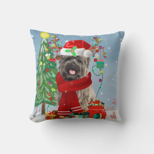 Cairn Terrier Dog in Snow with Christmas Gifts  Throw Pillow