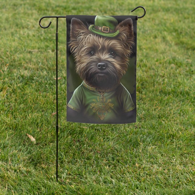 Cairn Terrier dog in St. Patrick's Day Dress Garden Flag (In SItu)