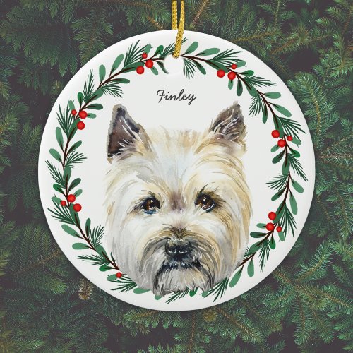 Cairn Terrier Dog Monogram Name Holiday Wreath Ceramic Ornament