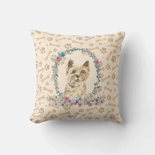Cairn Terrier Dog Paw Print & Floral Cute Throw Pillow (Front)