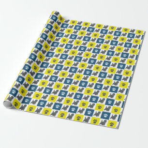 Cairn Terrier Dog & Paw Yellow & Blue Grid Wrapping Paper