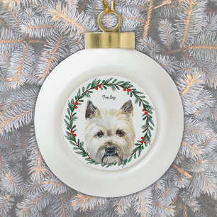 Cairn Terrier Dog Personalized Holiday Wreath Ceramic Ball Christmas Ornament