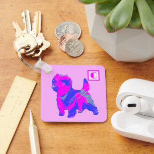Cairn Terrier Dog Pink & Blue Silhouette Monogram Keychain