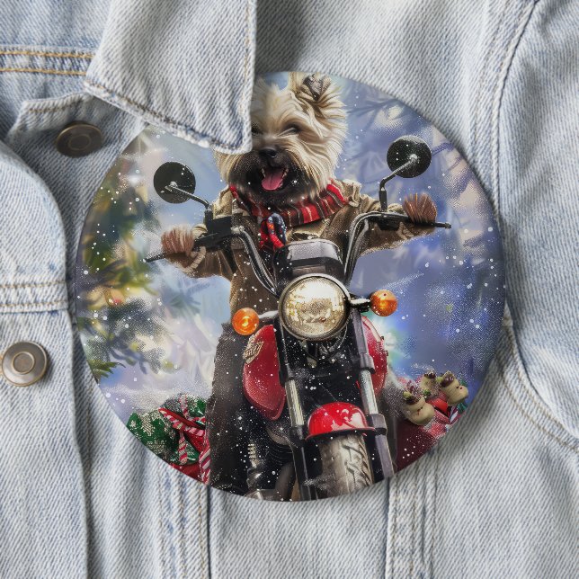 Cairn Terrier Dog Riding Motorcycle Christmas Button (In Situ)