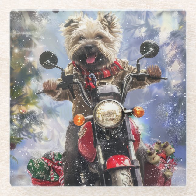 Cairn Terrier Dog Riding Motorcycle Christmas Glass Coaster (Front)