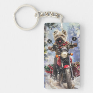 Cairn Terrier Dog Riding Motorcycle Christmas Keychain