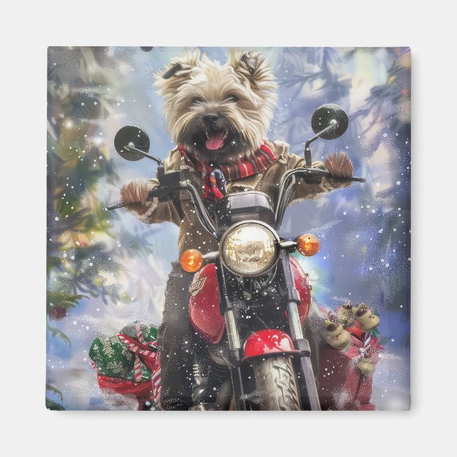 Cairn Terrier Dog Riding Motorcycle Christmas Magnet (Front)