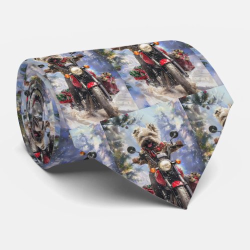 Cairn Terrier Dog Riding Motorcycle Christmas Neck Tie