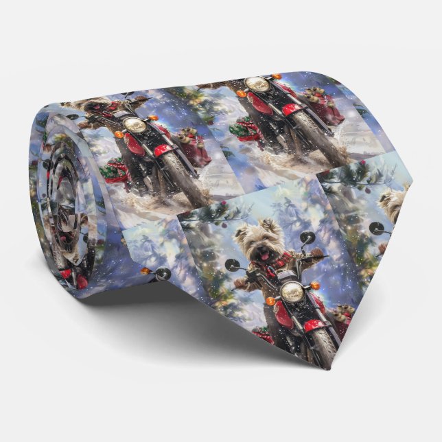 Cairn Terrier Dog Riding Motorcycle Christmas Neck Tie (Rolled)