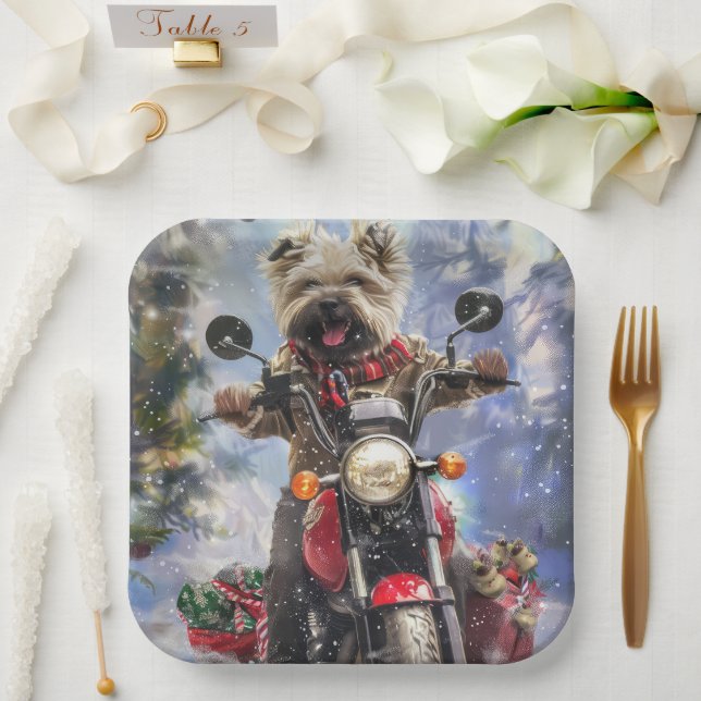 Cairn Terrier Dog Riding Motorcycle Christmas Paper Plates (Wedding)