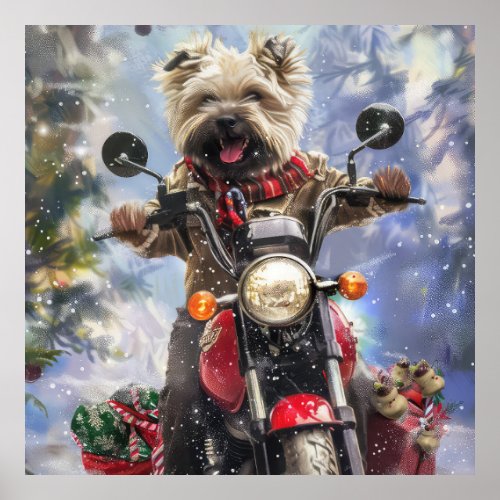 Cairn Terrier Dog Riding Motorcycle Christmas Poster