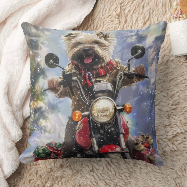 Cairn Terrier Dog Riding Motorcycle Christmas Throw Pillow (Blanket)