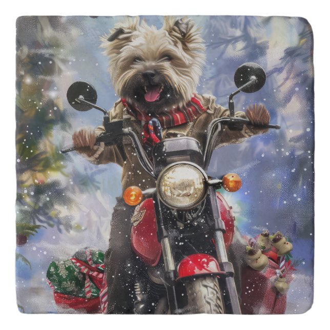 Cairn Terrier Dog Riding Motorcycle Christmas Trivet (Front)