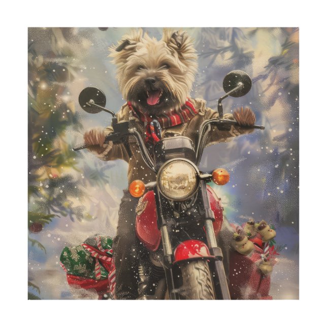 Cairn Terrier Dog Riding Motorcycle Christmas Wood Wall Art (Front)