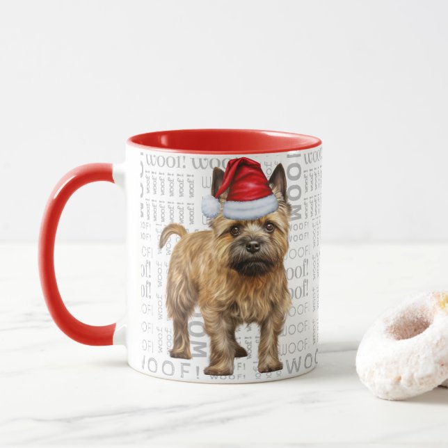 Cairn Terrier Dog Santa on Woof Background Mug (With Donut)
