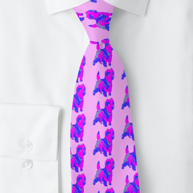 Cairn Terrier Dog Silhouette Pink &Blue Light Pink Neck Tie (Cairn Terrier pink and blue pattern silhouette pink background tie)
