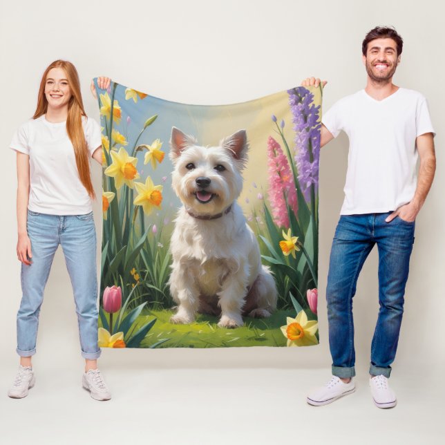 Cairn Terrier Dog Spring Flowers Painting Fleece Blanket (In Situ)