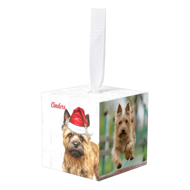 Cairn Terrier Dog Two Photo Christmas Holiday Cube Ornament (Front Angled)