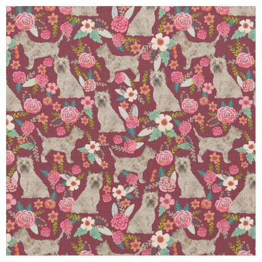 cairn terrier dog vintage florals burgundy fabric