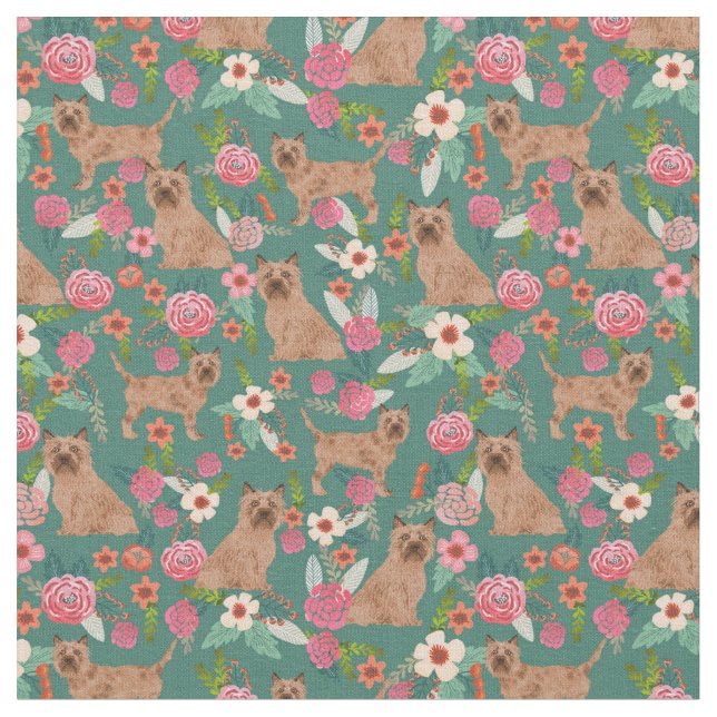 cairn terrier dog vintage florals green fabric (Close Up)