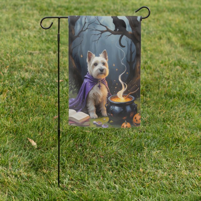 Cairn Terrier Dog Whimsical Halloween Painting Garden Flag (In SItu)