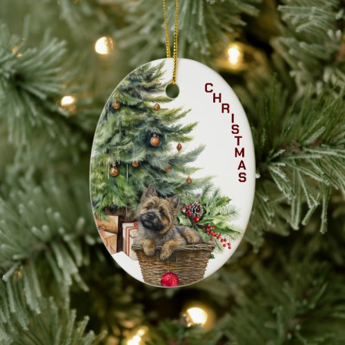 Cairn Terrier Dog Wicker Basket Christmas Ceramic Ornament