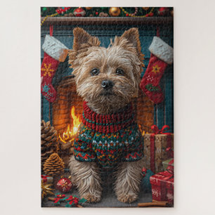Cairn Terrier Dog With Christmas Gifts Fireplace Jigsaw Puzzle
