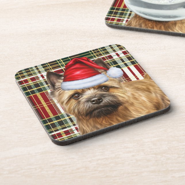 Cairn Terrier Dog with Red Holiday Plaid Christmas Beverage Coaster (Left Side)