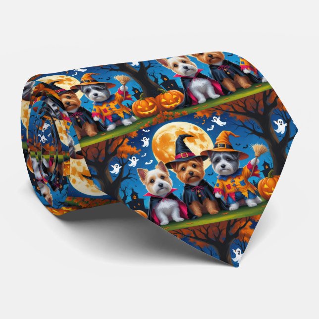 Cairn Terrier Dogs Pumpkin Halloween Funny Neck Tie (Rolled)