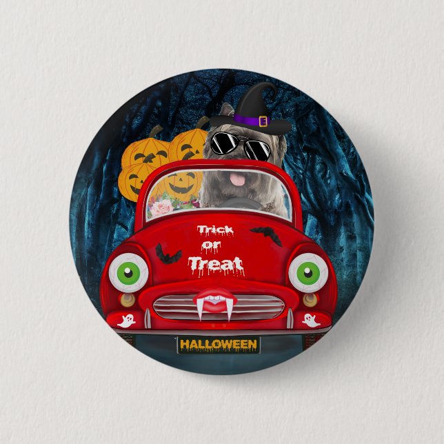 Cairn Terrier Driving Car Scary Halloween Button (Front)