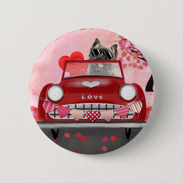 Cairn Terrier Driving Car with Hearts Valentine's  Button (Front)