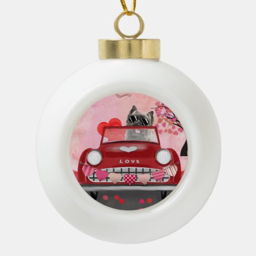 Cairn Terrier Driving Car with Hearts Valentines Ceramic Ball Christmas Ornament