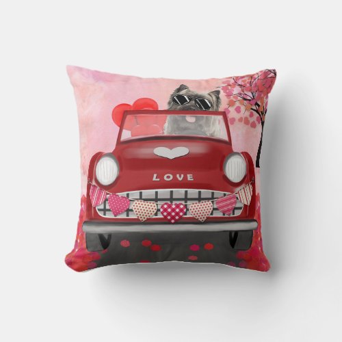 Cairn Terrier Driving Car with Hearts Valentines Throw Pillow