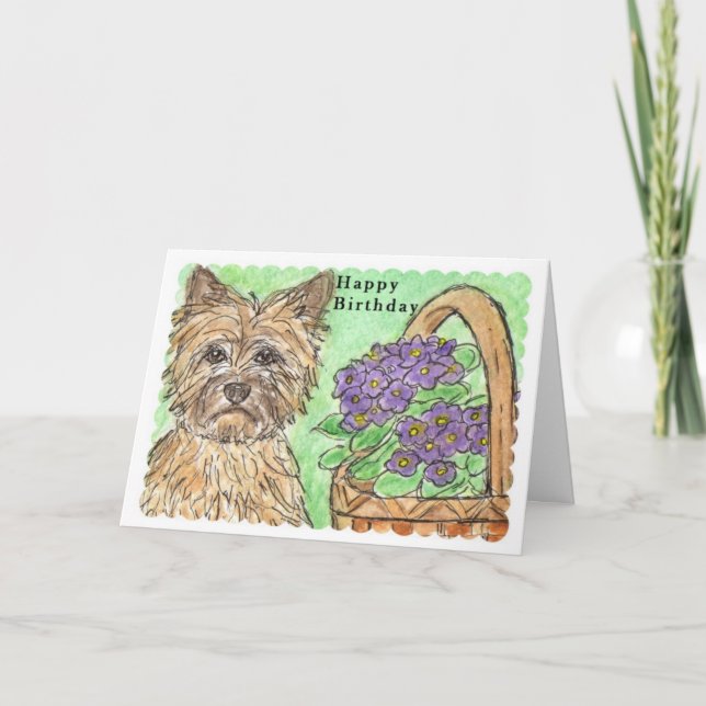Cairn Terrier Happy Birthday card pansies basket (Front)