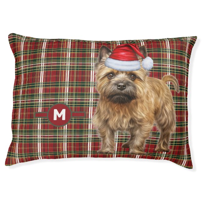 Cairn Terrier Holiday Plaid with Monogrammed Dog Pet Bed (Front)