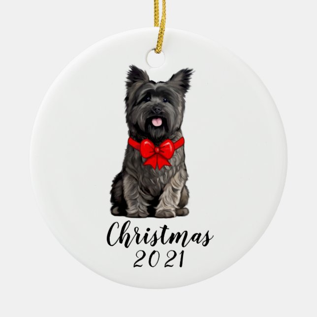 Cairn Terrier in Christmas Bow Date Customizable   Ceramic Ornament (Front)