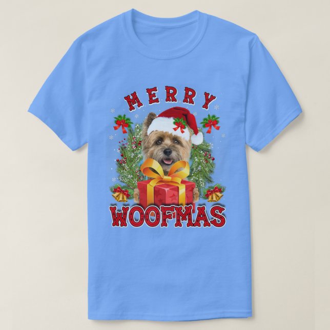 Cairn Terrier Merry Xmas Woofmas Xmas Lights Santa T-Shirt (Design Front)