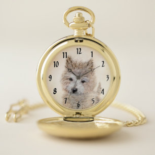 Cairn Terrier Puppy Painting - Original Dog Art Pocket Watch
