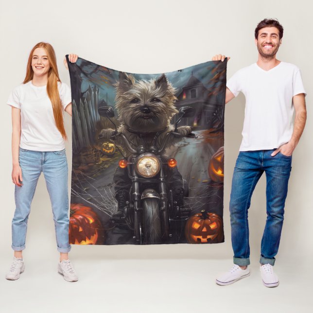Cairn Terrier Riding Motorcycle Halloween Scary Fleece Blanket (In Situ)